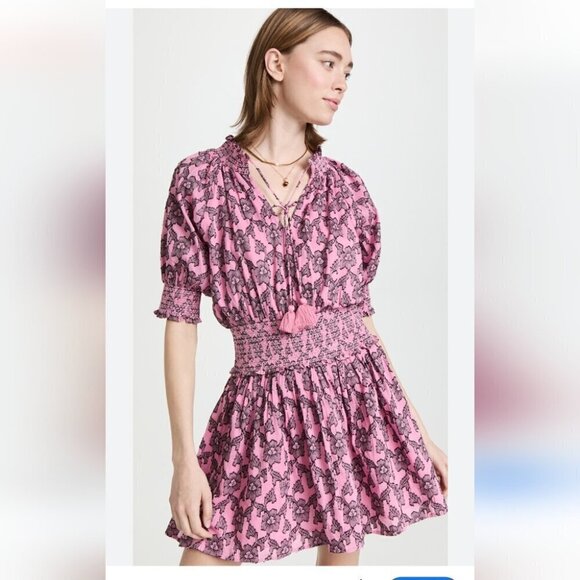 Roller Rabbit Pink fiorella Midi Dress 3/4 Sleeveoff shoulderbohodress